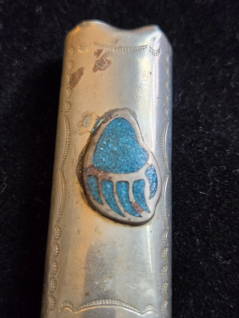 Vintage Alpaca Silver Bic Lighter Cover Inlaid Turquoise Bear Paw Distressed